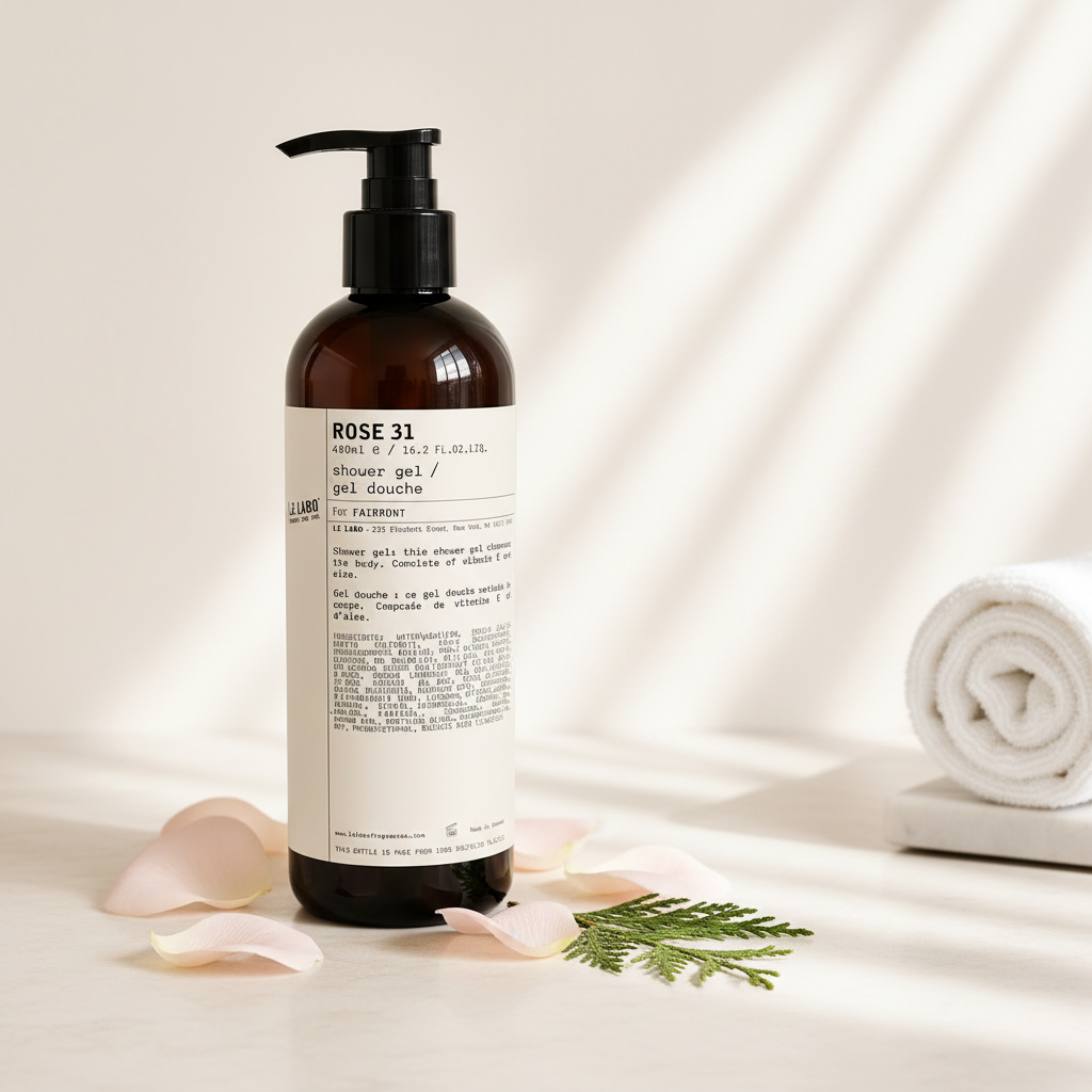 Le Labo Rose 31 Shower Gel 480ml lifestyle on cream marble with rose petals