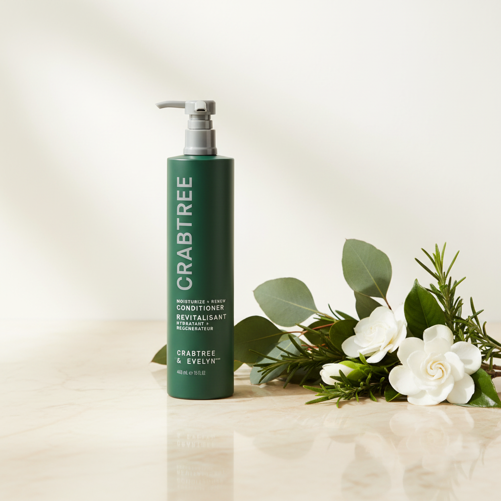 Crabtree & Evelyn Moisturize + Renew Conditioner 443ml lifestyle on cream marble with botanicals