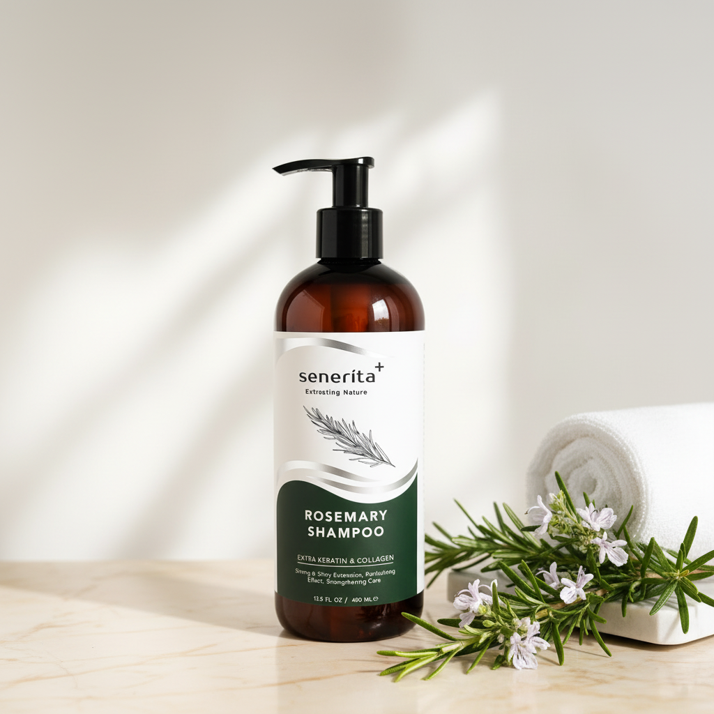 Senerita+ Rosemary Shampoo 400ml lifestyle on cream marble with rosemary sprigs and white flowers