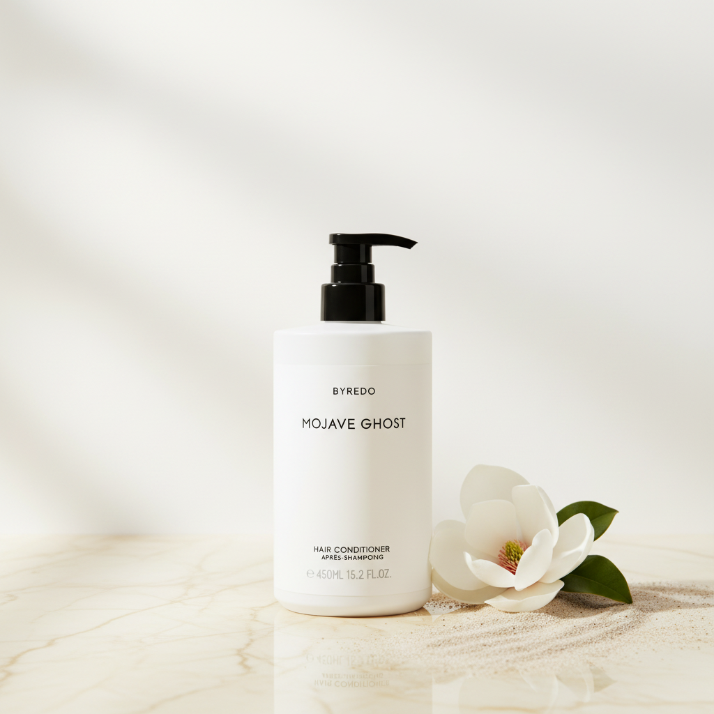 Byredo Mojave Ghost Conditioner 450ml lifestyle on cream marble with magnolia