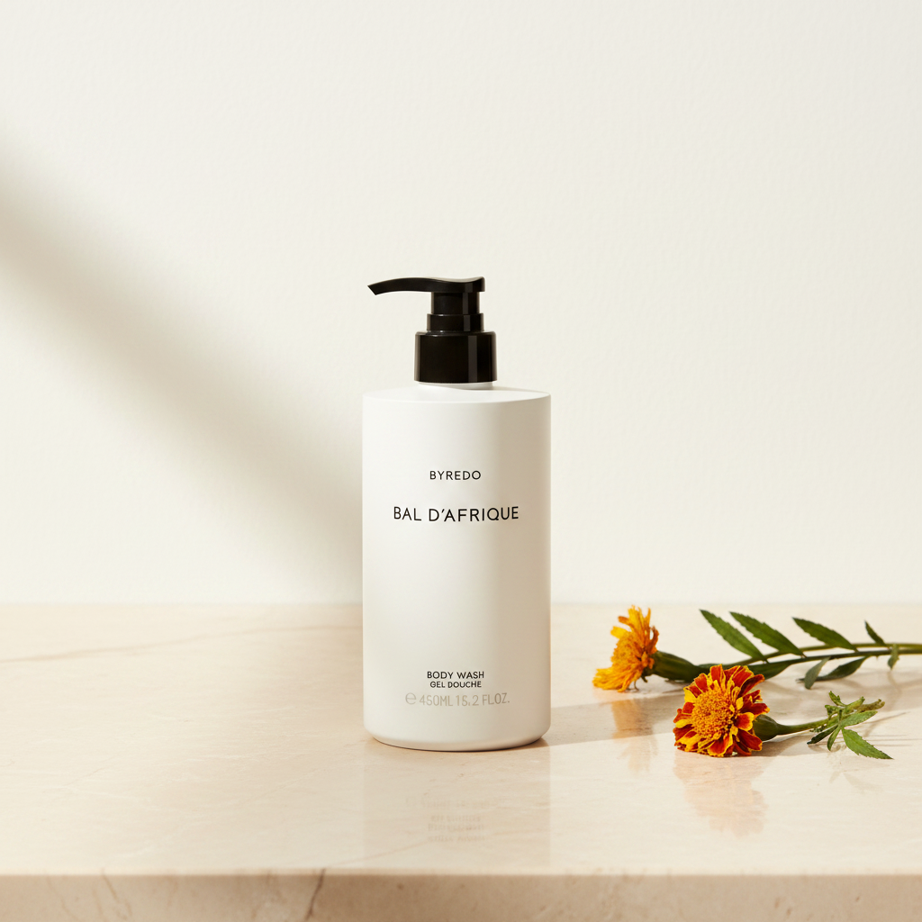 Byredo Bal D'Afrique Shower Gel 450ml lifestyle flat lay on cream marble with marigold flowers