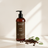 Senerita+ Caffeine Shampoo 400ml lifestyle on cream marble with coffee beans and green leaves