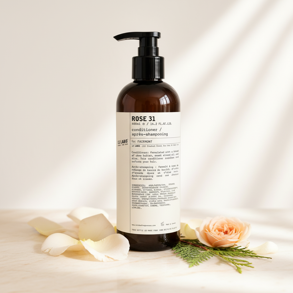 Le Labo Rose 31 Conditioner 480ml lifestyle on cream marble with rose petals