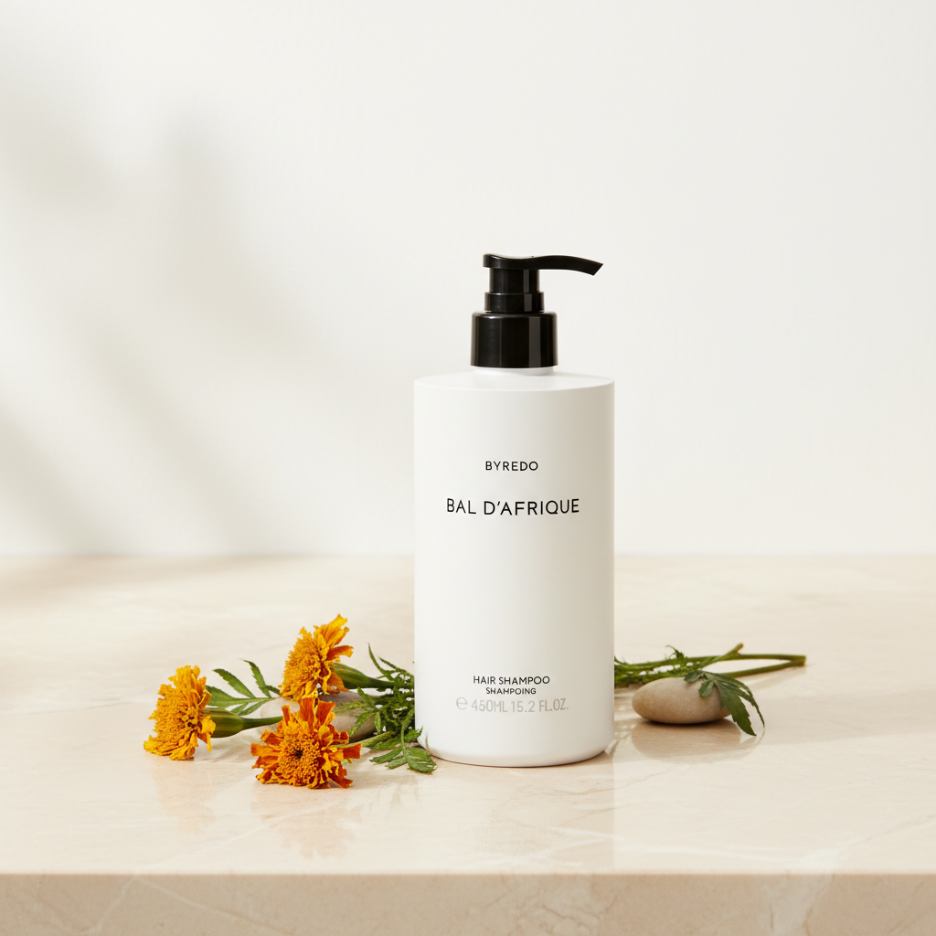 Byredo Bal D'Afrique Shampoo 450ml lifestyle flat lay on cream marble with marigold flowers