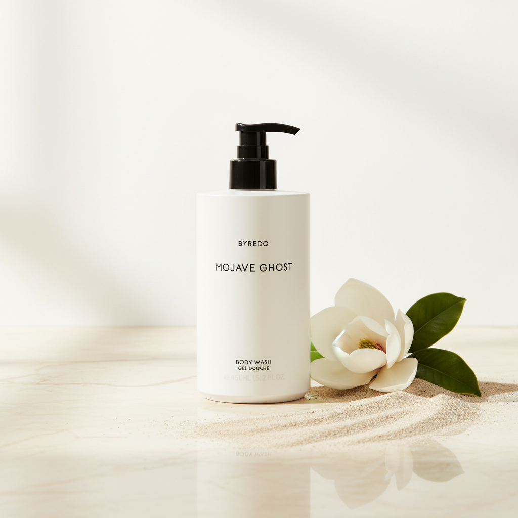 Byredo Mojave Ghost Body Wash 450ml lifestyle on cream marble with magnolia