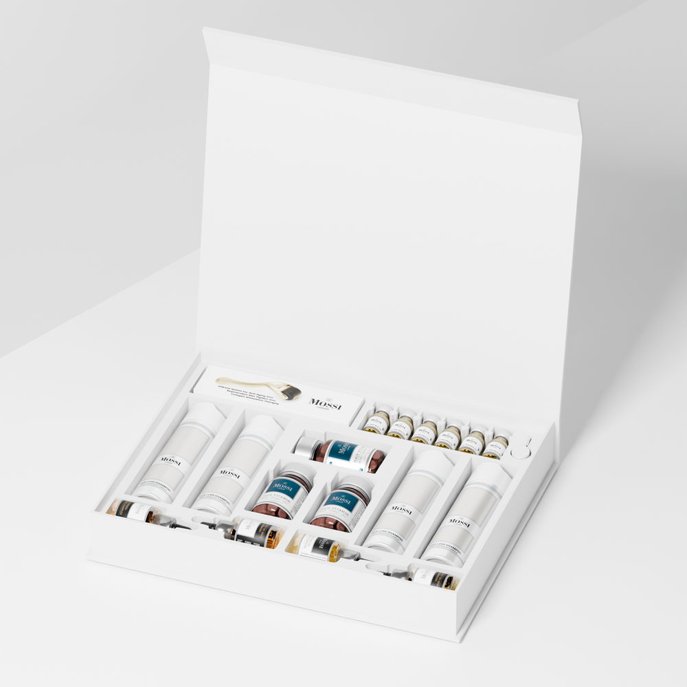 The Mossi London 6-Month Complete Hair Loss Care Kit open presentation box